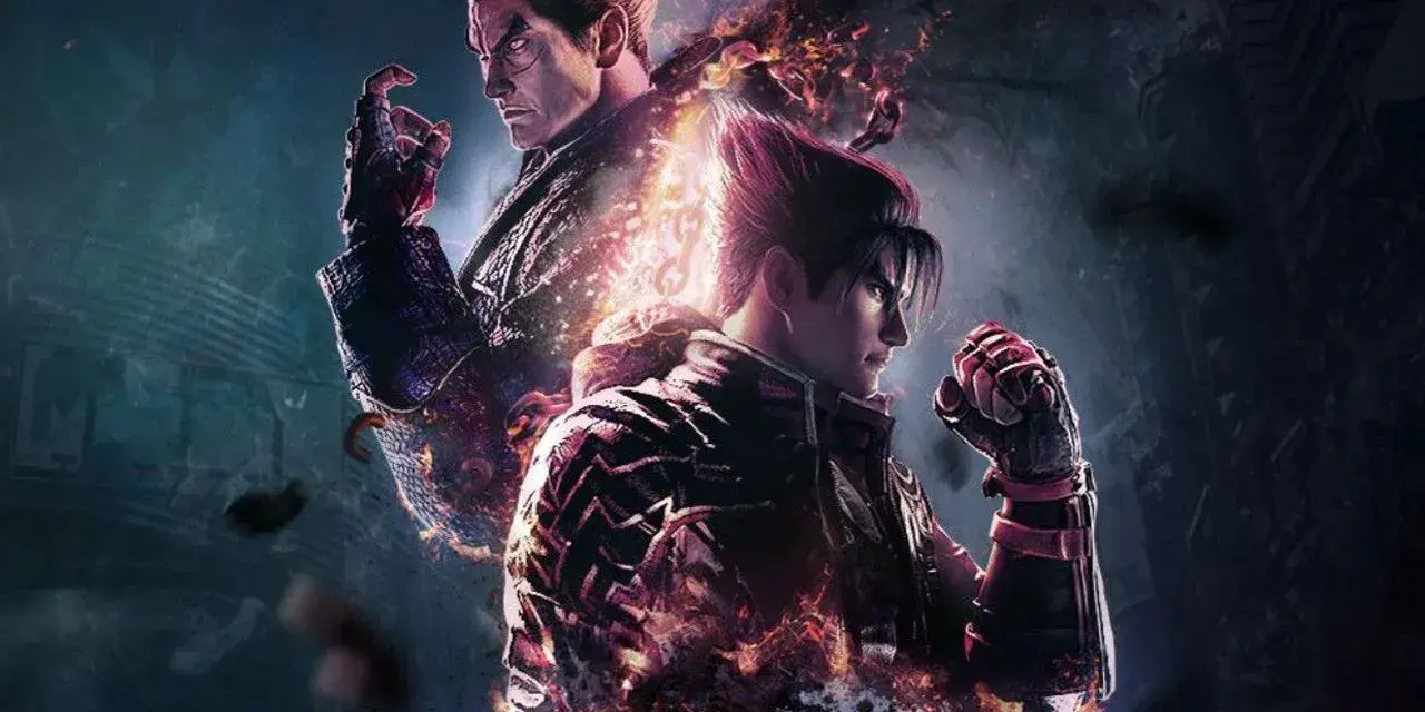 Jin Kazama i Kazuya Mishima w płomieniach, zapowiadający emocjonującą premierę Tekken 8.
