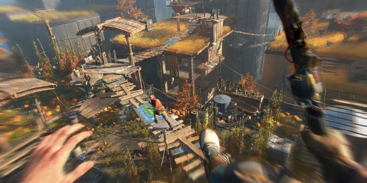 Gracz w grze Dying Light 2 na Nintendo Switch skacze między budynkami.