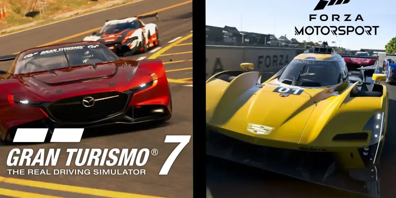 Porównanie Gran Turismo 7 i Forza Motorsport na Xbox Series X. Czerwony samochód sportowy i żółty bolid wyścigowy.