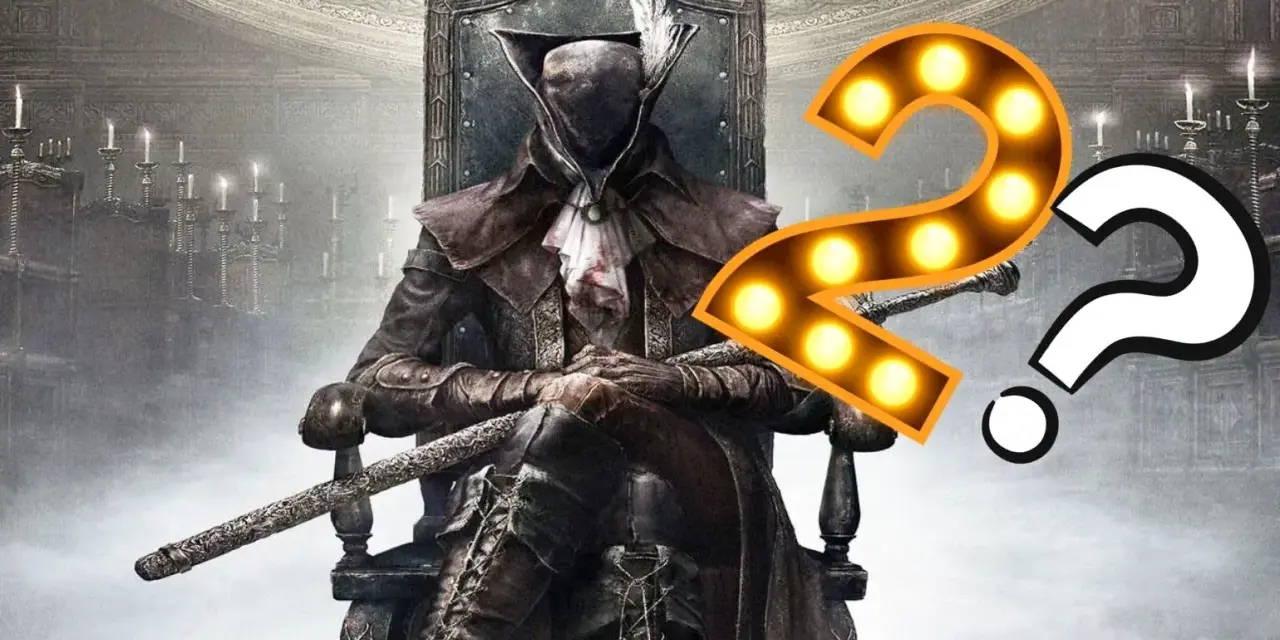 Postać z Bloodborne 2 na tronie, z mieczem, otoczona świecami i znakami zapytania.
