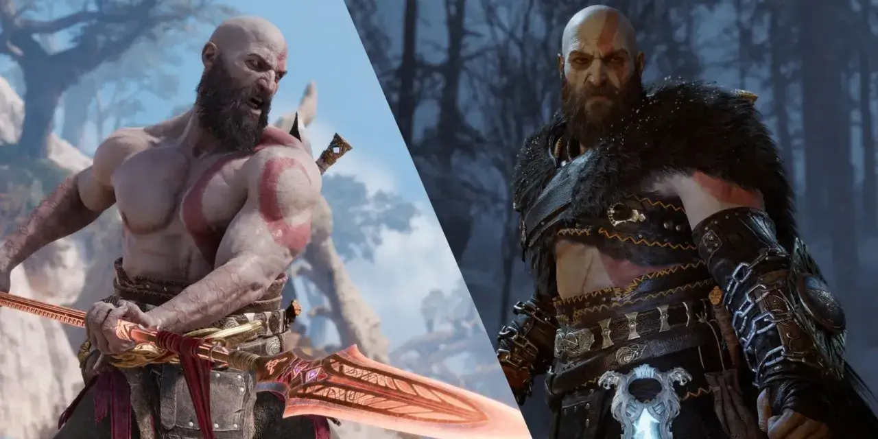 Kratos w zbroi i bez niej, gotowy do walki w God of War Ragnarök. Czy pojawi się w PS Plus?