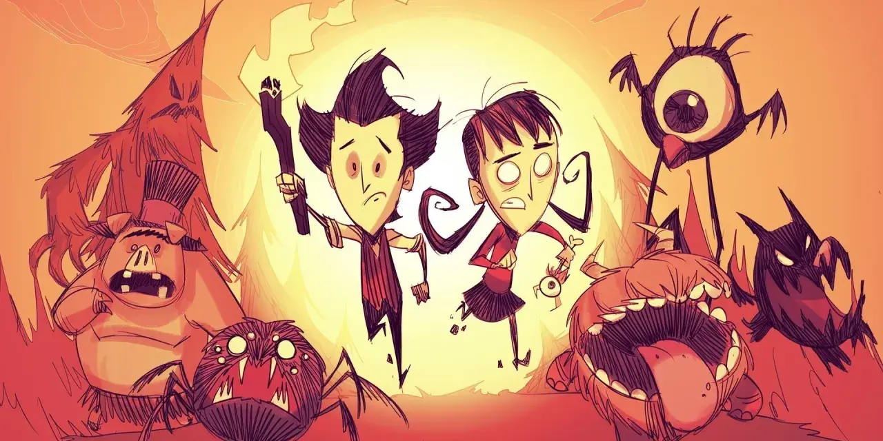 Postacie z gry Don't Starve Together na Nintendo Switch, otoczone przez potwory, w mrocznym, ale barwnym stylu.