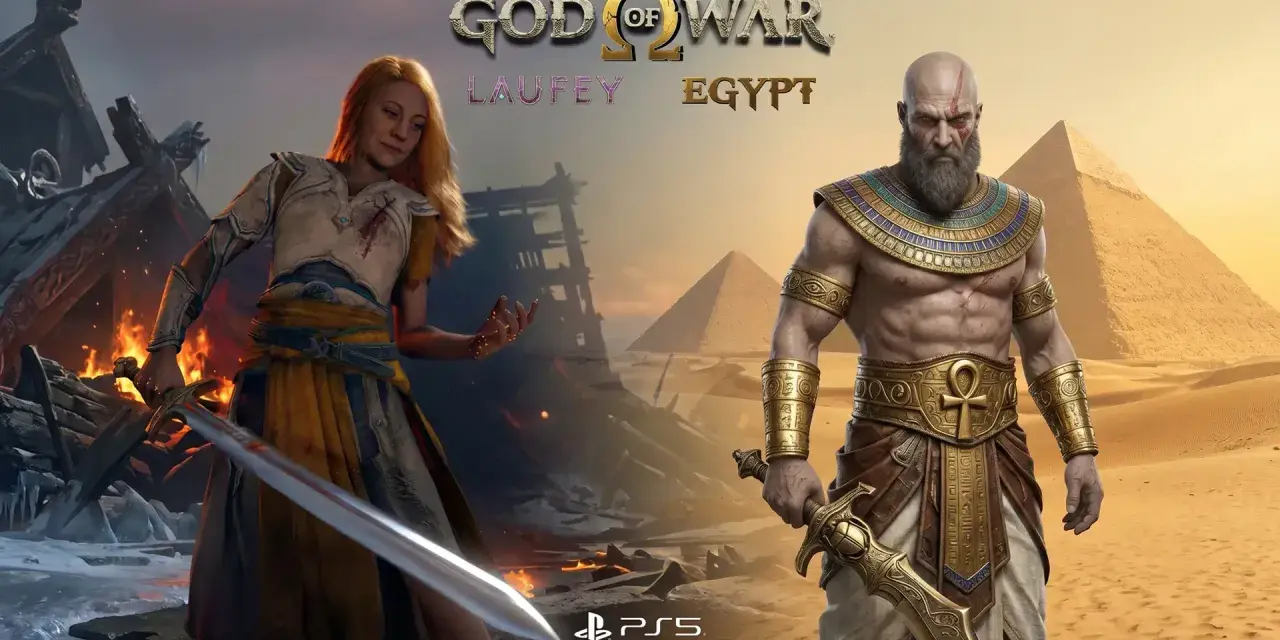 Kratos w stroju faraona i Laufey w scenerii starożytnego Egiptu. God of War Egypt.