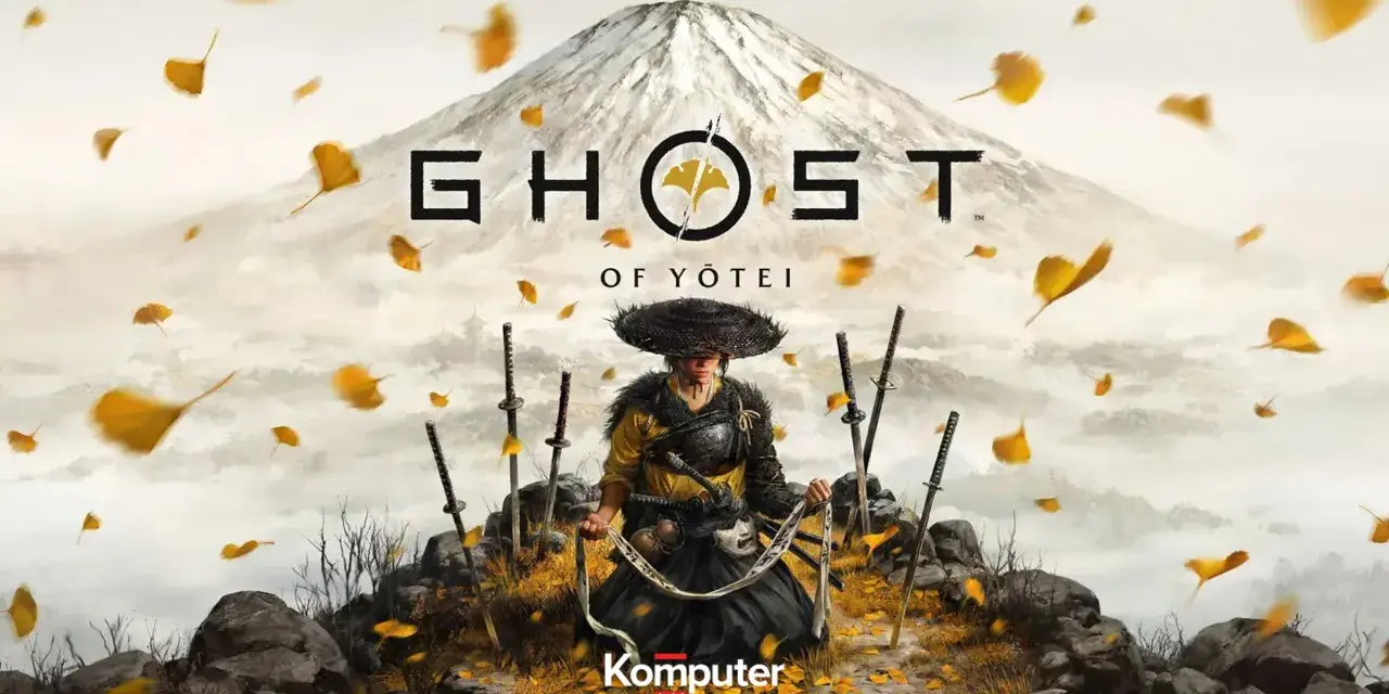 Samuraj w słomkowym kapeluszu, otoczony mieczami, pod górą Fudżi. Logo gry Ghost of Yotei PC.