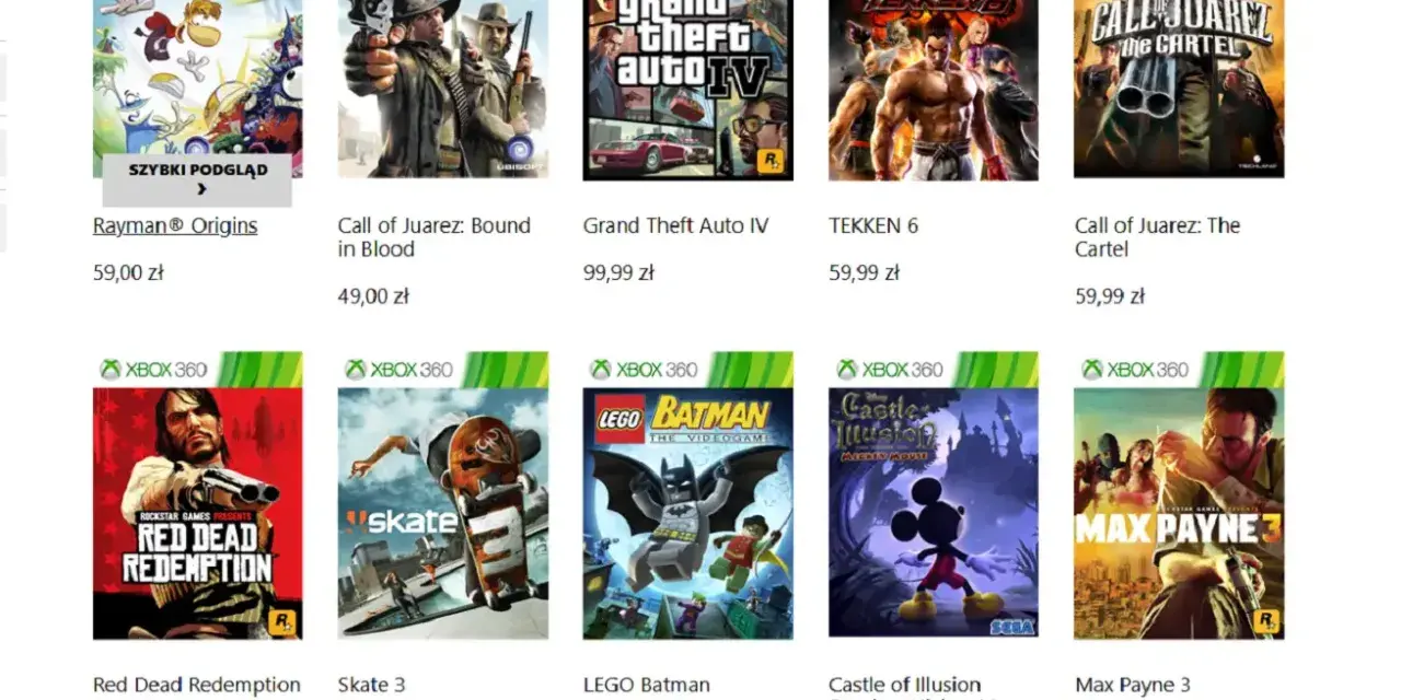 Gry na Xbox 360: Rayman Origins, Call of Juarez, GTA IV, Tekken 6, Red Dead Redemption, Skate 3, LEGO Batman, Mickey Mouse, Max Payne 3. Sprawdź xbox 360 wsteczna kompatybilność lista gier.