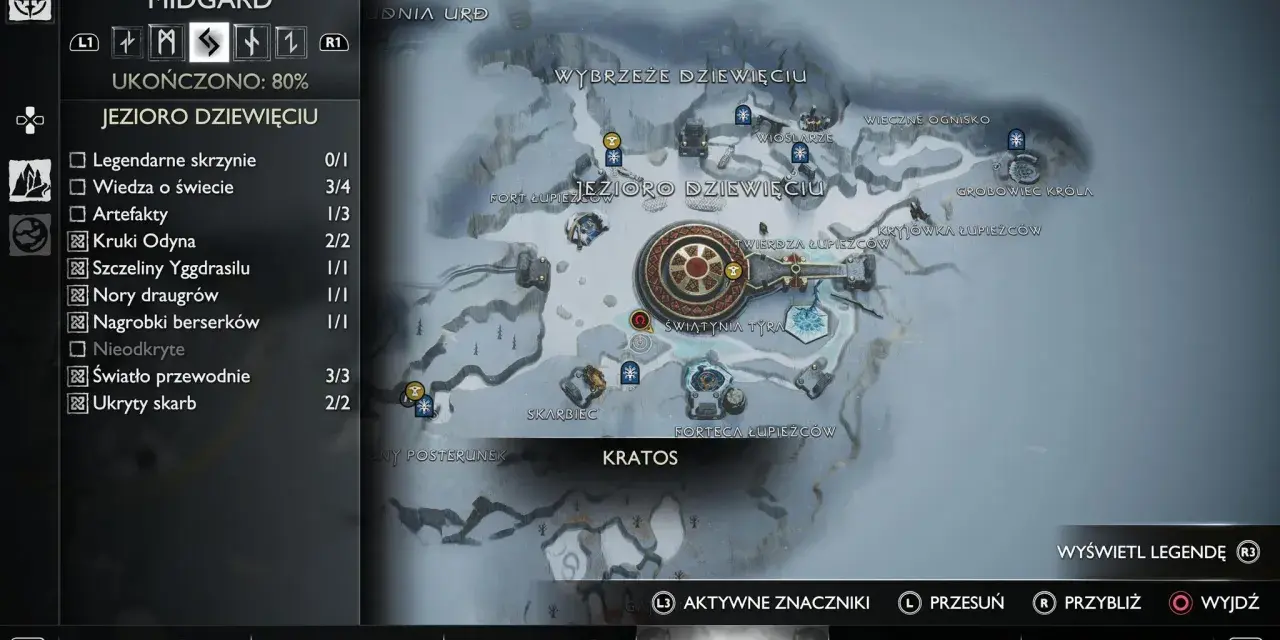 Mapa z gry God of War Ragnarok, przedstawiająca obszar Jezioro Dziewięciu w Midgardzie.