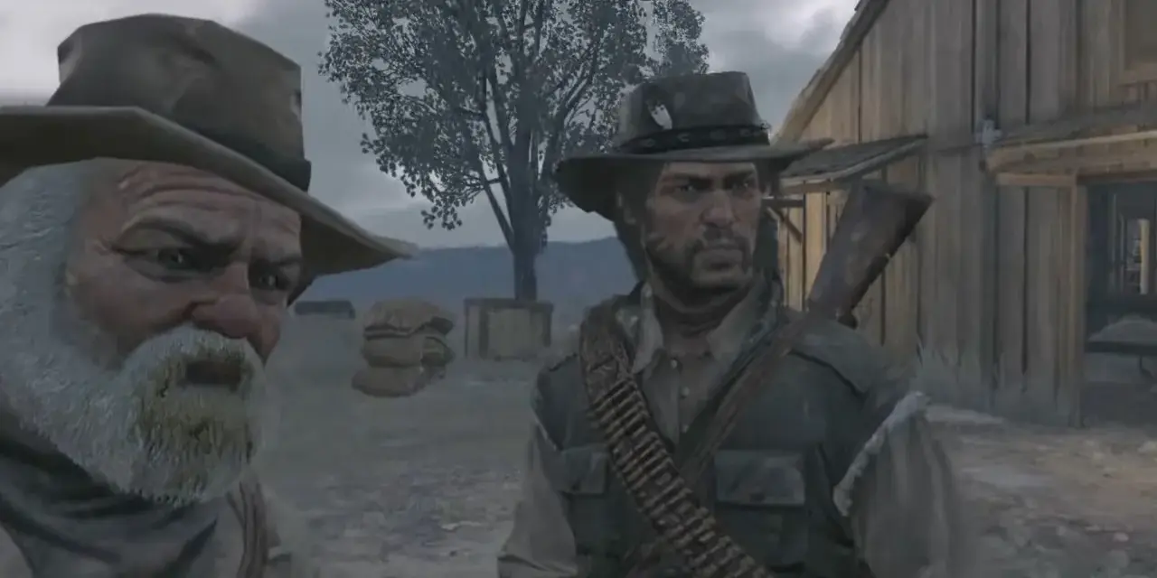 Dwóch kowbojów, jeden starszy z siwą brodą, drugi młodszy, w grze Red Dead Redemption 2 na PS5 w 60fps.