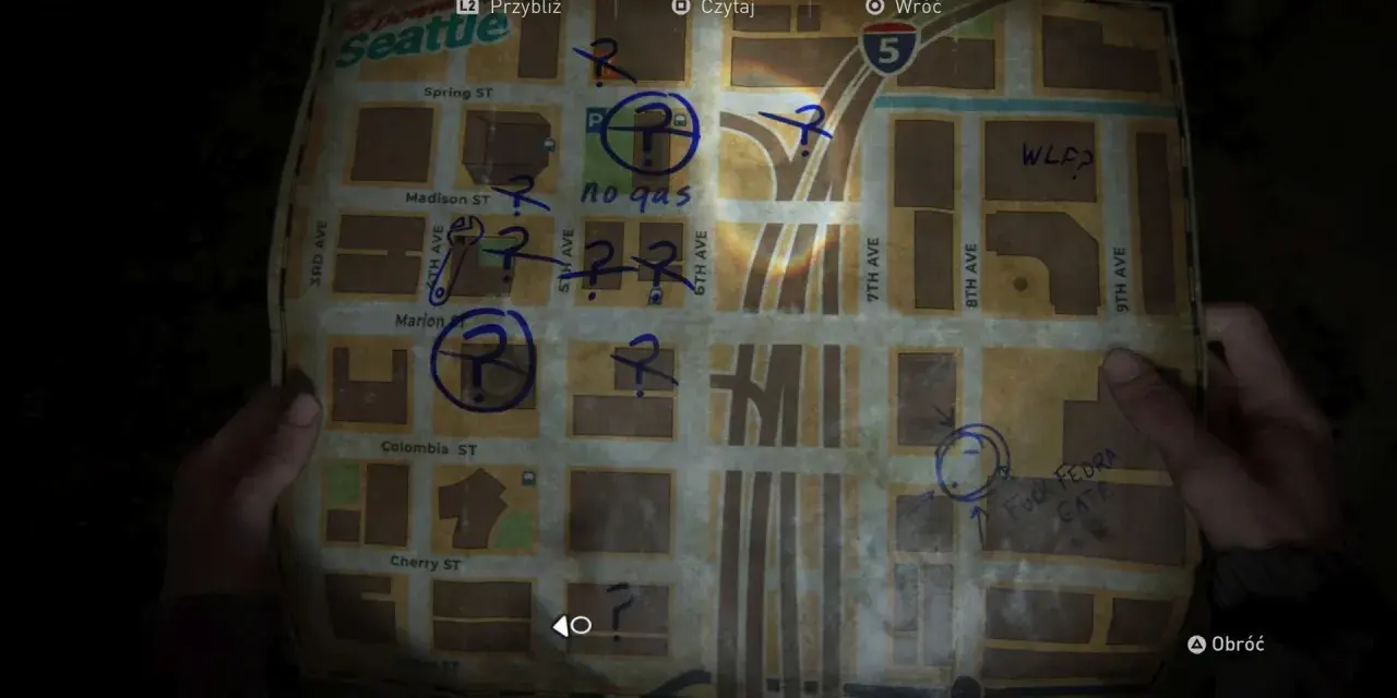 Mapa Seattle z zaznaczonymi punktami i notatkami, pomocna w grze The Last of Us 2 poradnik.