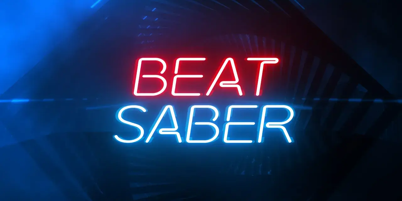 Neonowy napis "BEAT SABER" w kolorach czerwonym i niebieskim, idealny do gry na PS5.