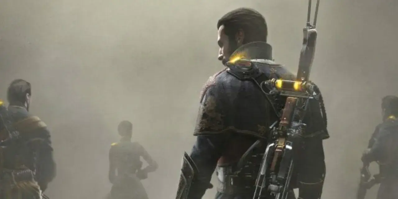 Rycerz z The Order 1886 2, z karabinem na plecach, w otoczeniu mgły i innych członków zakonu.