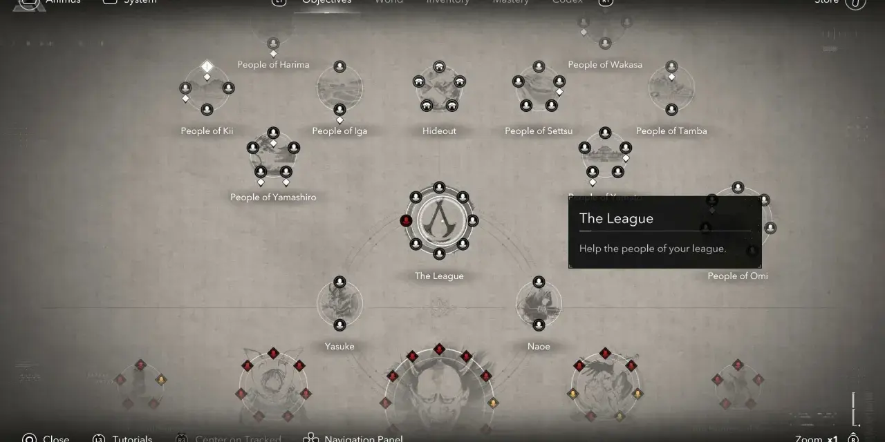 Mapa celów w grze, ukazująca "The League" i jej sojuszników, z subtelnymi ac shadows.