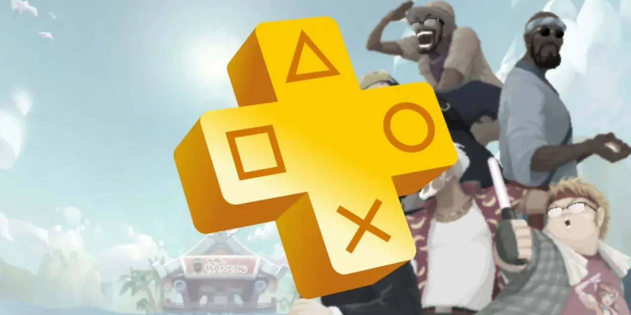 Gry PS Plus kwiecień: żółty symbol PlayStation Plus na tle postaci i tropikalnej wyspy.