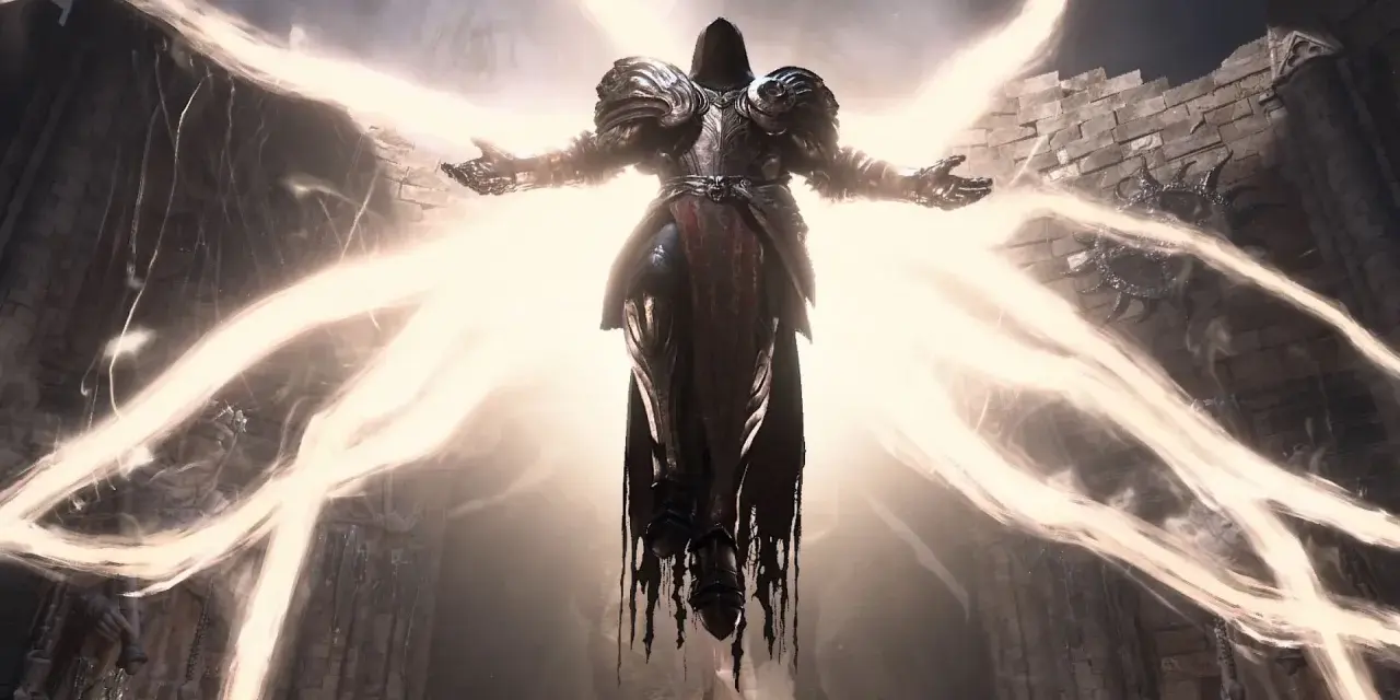 Mroczny wojownik w zbroi, otoczony oślepiającym światłem, niczym anioł śmierci. Wyobraź sobie, że to on zapowiada **Diablo 3 crossplay** – epicką bitwę na wszystkich platformach!