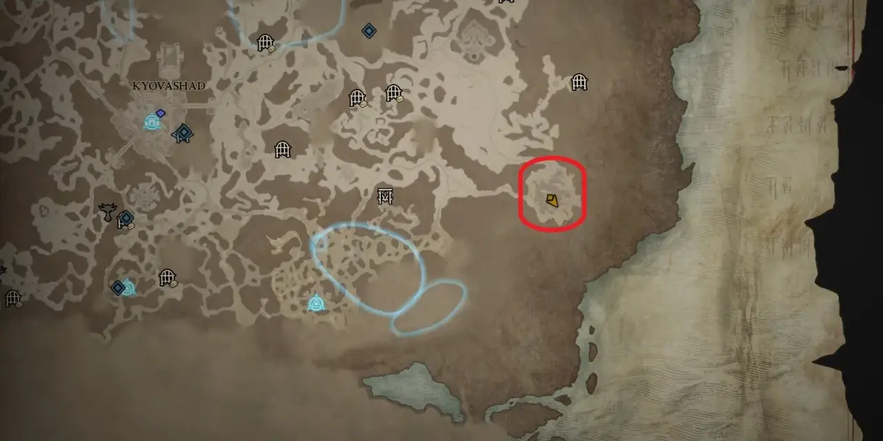Mapa Sanktuarium z zaznaczonym obszarem, gdzie znajduje się diablo 4 boss świata.