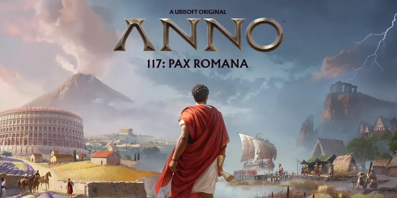 Anno 117: Pax Romana. Rzymski przywódca patrzy na rozwijające się imperium, od Koloseum po odległe osady. Wulkan i burza zapowiadają wyzwania.