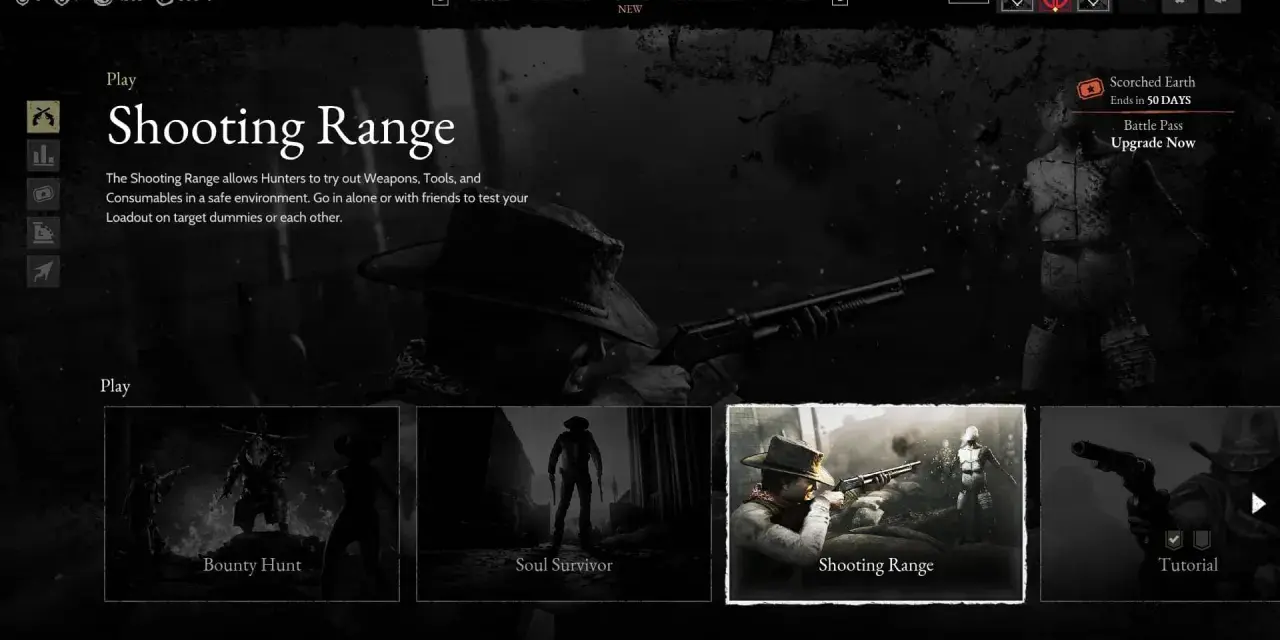 Menu gry Hunt Showdown na PS5. Wybierz "Shooting Range", by przetestować broń i wyposażenie.