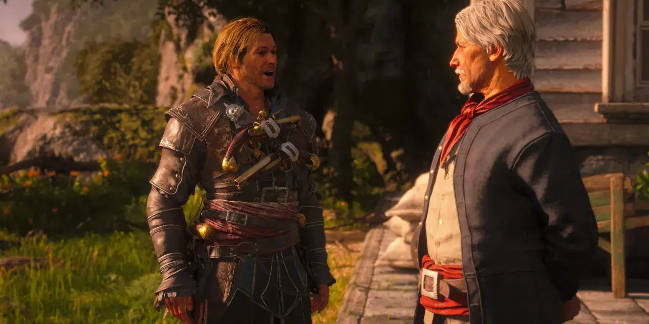 Dwóch mężczyzn rozmawia na tle tropikalnej scenerii. Jeden z nich, w stroju przypominającym tego z najnowszego Assassin's Creed, ma na sobie skórzaną zbroję i pistolety.