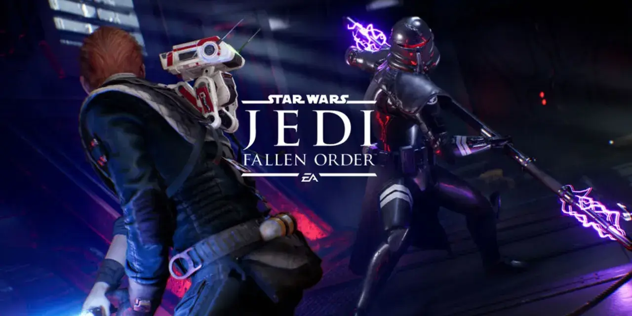 Cal Kestis z mieczem świetlnym i droidem walczy z Inkwizytorem. Star Wars Jedi: Fallen Order czas gry.