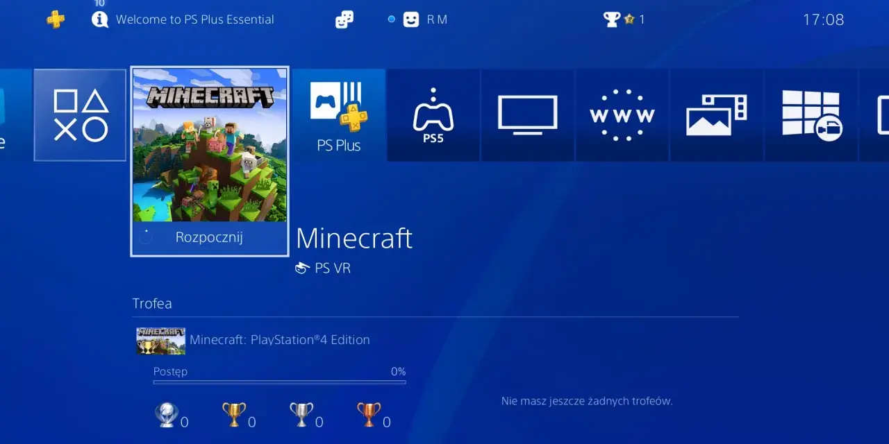 Ekran PlayStation z grą Minecraft. Możliwość gry z innymi graczami dzięki funkcji **minecraft cross play**.