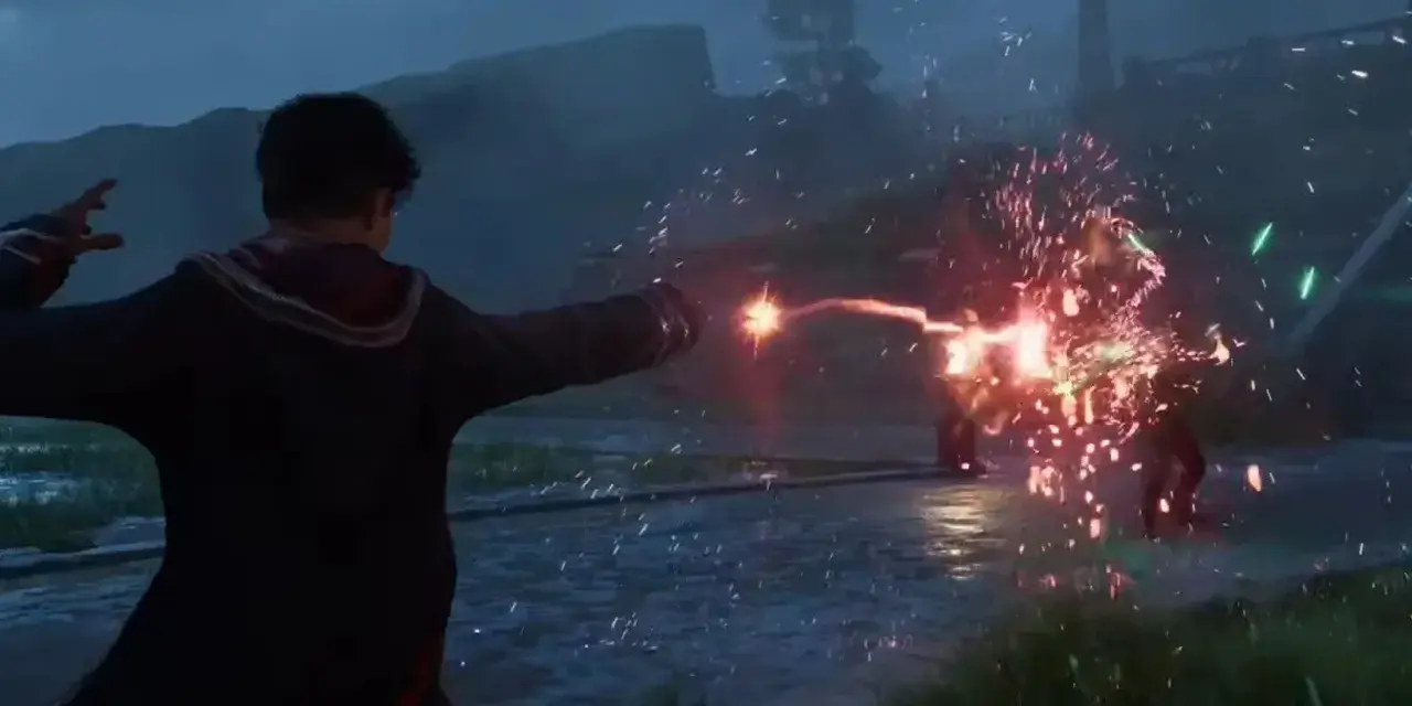 Uczeń rzuca zaklęcie, walcząc z przeciwnikiem. Wyobraź sobie, jakby to wyglądało w **Hogwarts Legacy multiplayer**!