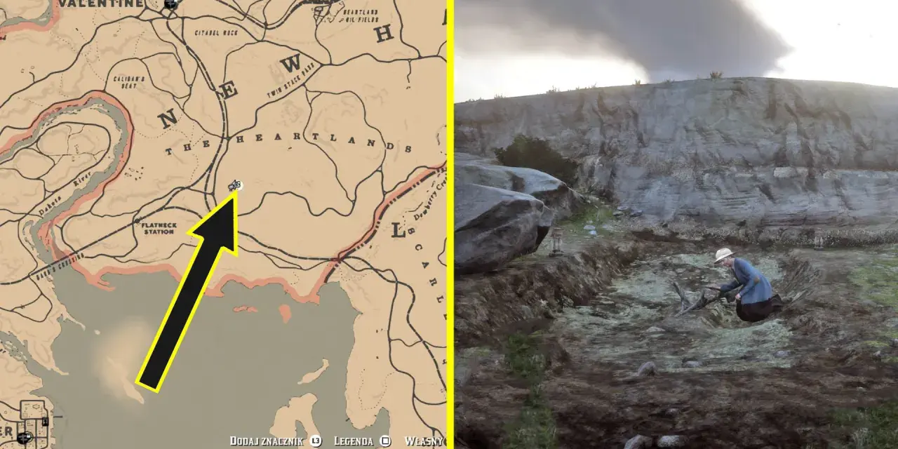 Poszukiwania rdr2 kości dinozaurów w sercu Heartlands. Mapa wskazuje lokalizację, gdzie archeolog kopie w ziemi.