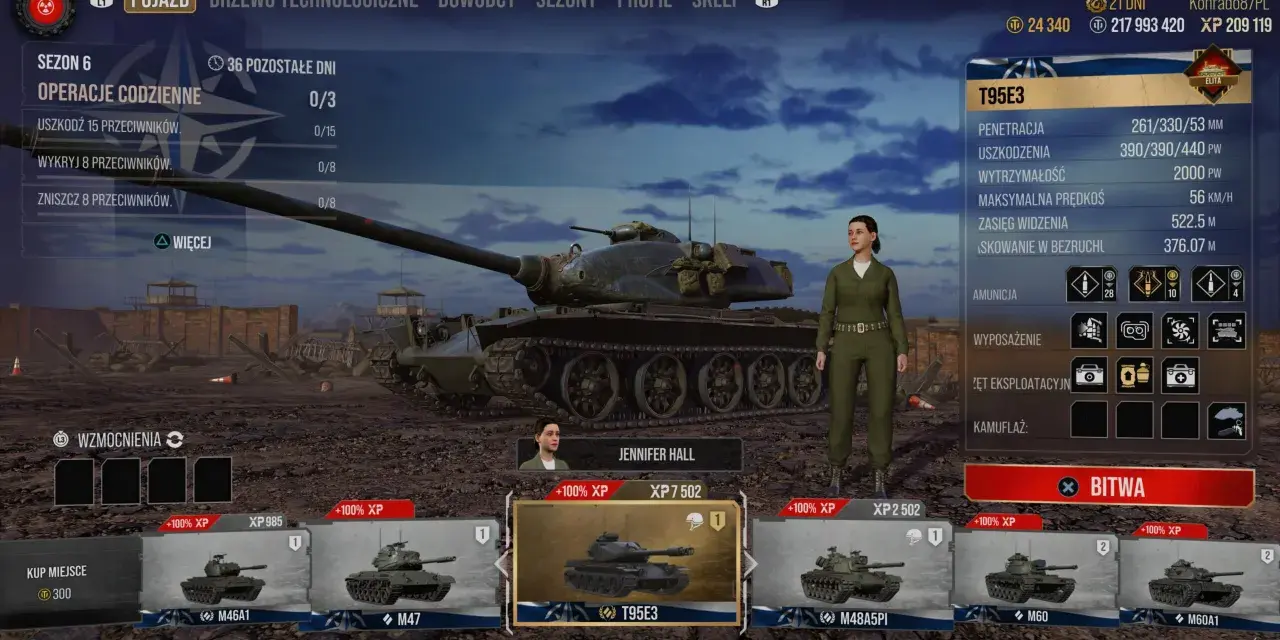 Ekran gry World of Tanks na PS5. Widoczny jest czołg T95E3, statystyki, misje i dostępne pojazdy.