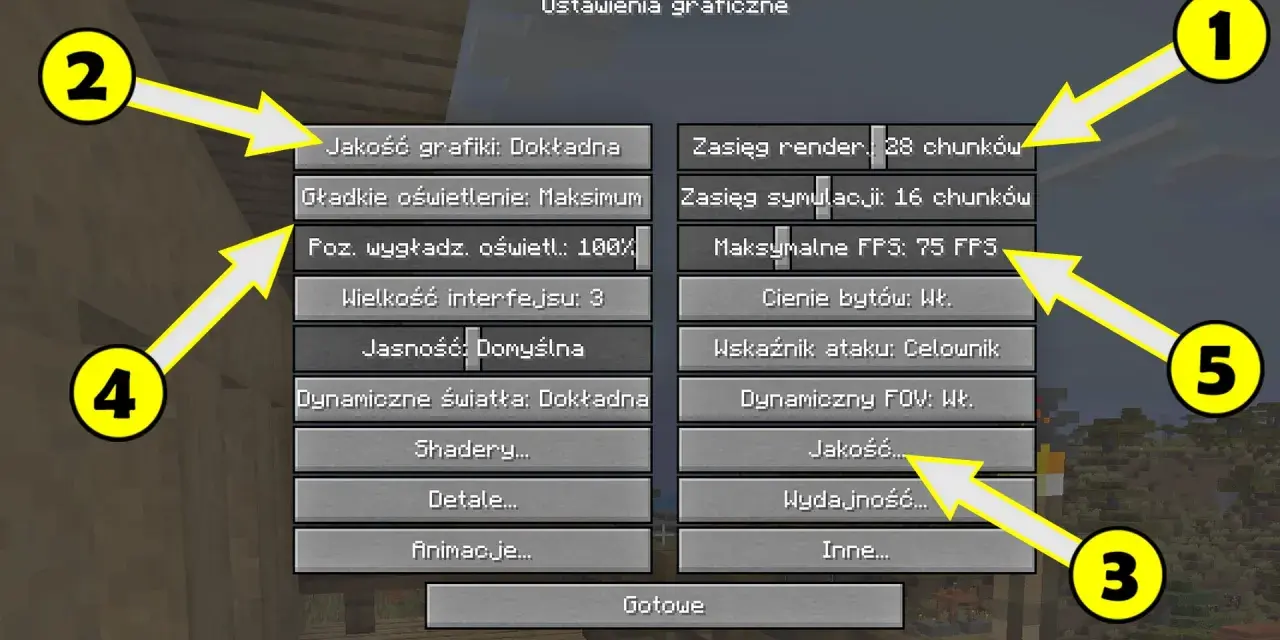 Ustawienia graficzne Minecraft. Zmniejsz zasięg renderowania i jakość, aby mieć więcej FPS. 1, 2, 3, 4, 5.