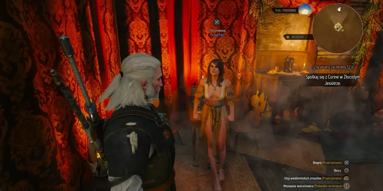 Geralt rozmawia z Corine Tilly w Złocistym Jesiotrze. To sen w wielkim mieście Wiedźmin 3.
