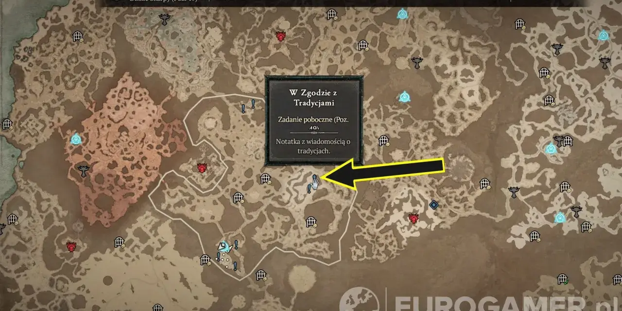 Mapa z gry Diablo 4, zaznaczone zadanie poboczne "W zgodzie z tradycjami" i notatka.