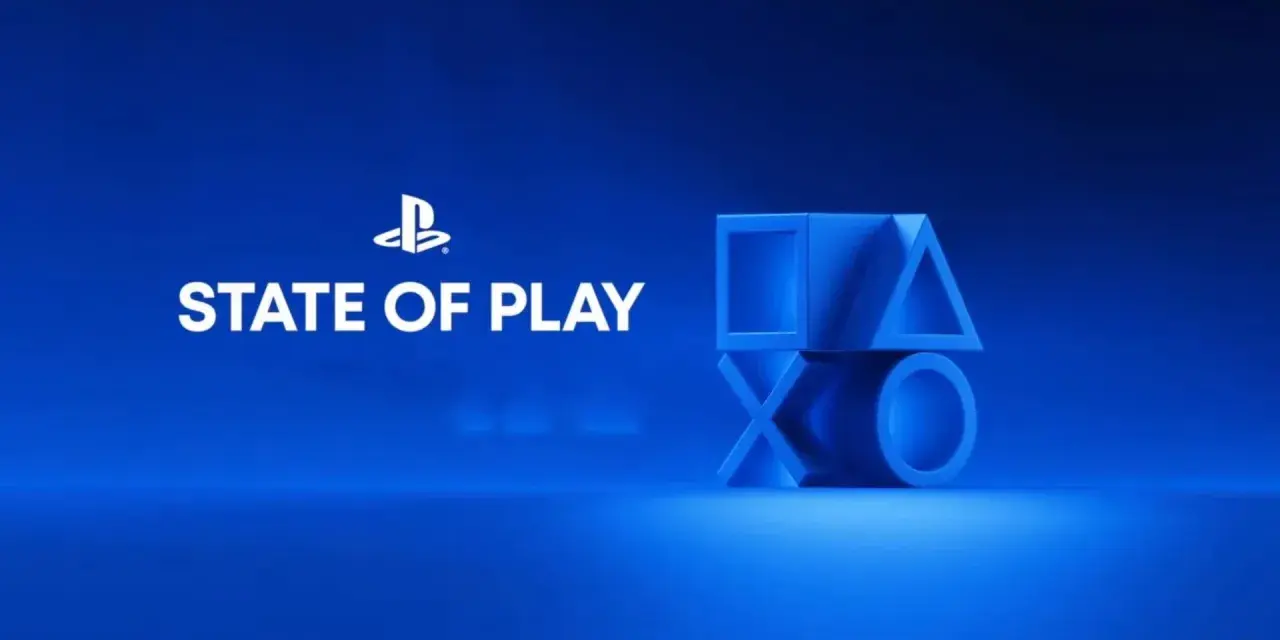 Logo PlayStation State of Play na niebieskim tle z symbolami przycisków kontrolera.