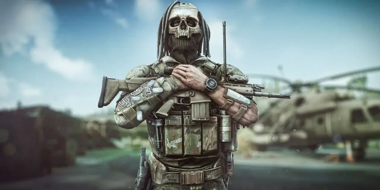 Żołnierz z maską czaszki i karabinem, gotowy na nowy tarkov wipe. W tle helikopter.