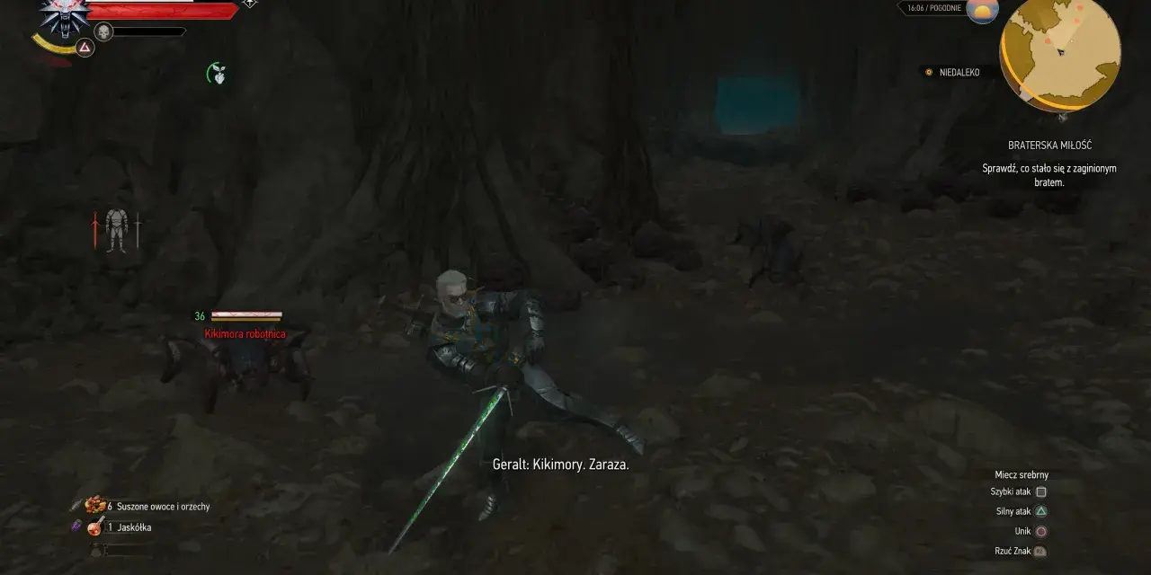 Geralt walczy z kikimorami w jaskini, szukając zaginionego brata. Misja "Wiedźmin 3 braterska miłość" w toku.
