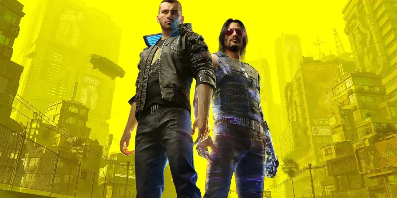 Dwóch mężczyzn w neonowym mieście, symbolizujących drogę do zdobycia platyny w Cyberpunk 2077.
