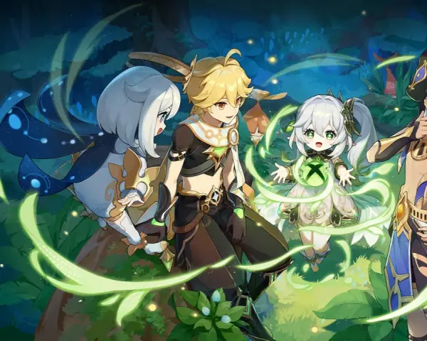 Postacie z Genshin Impact PS4: Paimon, Aether, Nahida i Cyno w magicznym lesie.