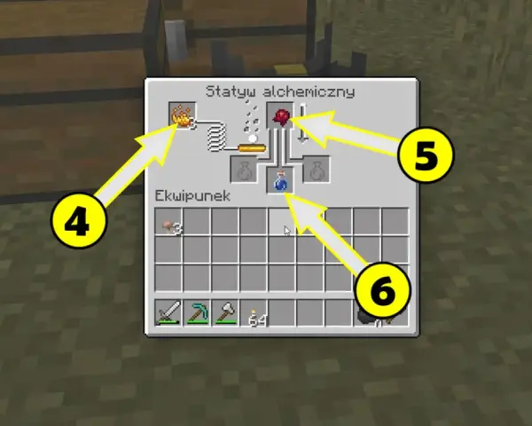 Tworzenie mikstury słabości w Minecraft. Na ekranie widać interfejs stacji alchemicznej z zaznaczonymi składnikami i gotowym eliksirem.