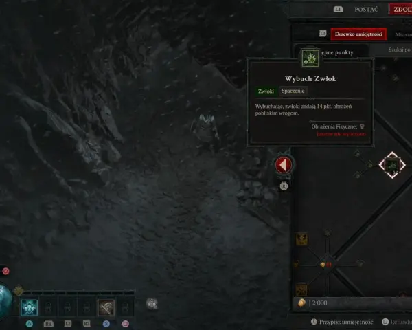 Diablo 4 nekromanta build: drzewko umiejętności z aktywną zdolnością "Wybuch Zwłok", która zadaje obrażenia pobliskim wrogom.
