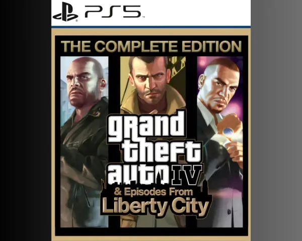 Okładka gry Grand Theft Auto IV: The Complete Edition na PS5. Trzech bohaterów, Niko, Johnny i Luis, patrzy wprost na widza.