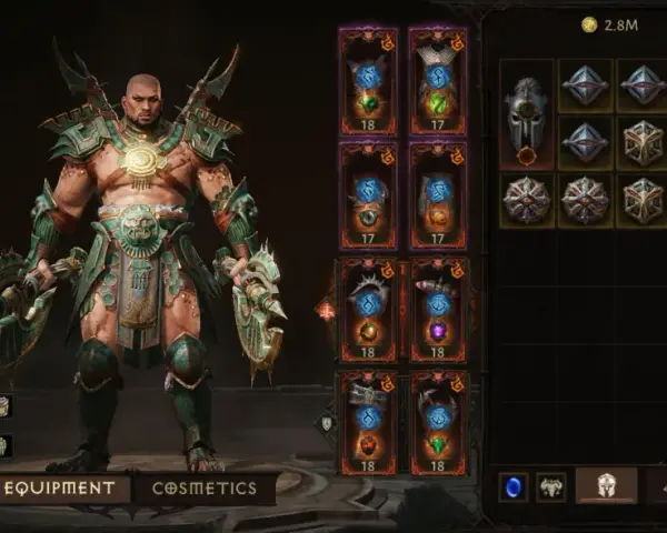 Barbarzyńca z Diablo 2, poziom 60, w potężnym pancerzu i z dwoma toporami. Jego ekwipunek sugeruje potężny diablo 2 barbarzyńca build.