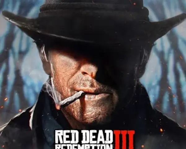 Mężczyzna w kapeluszu pali papierosa, w tle logo Red Dead Redemption III.