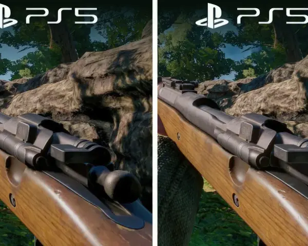 Porównanie grafiki War Thunder na PS5 i PS5 Pro. Widok z perspektywy pierwszej osoby na karabin w lesie.