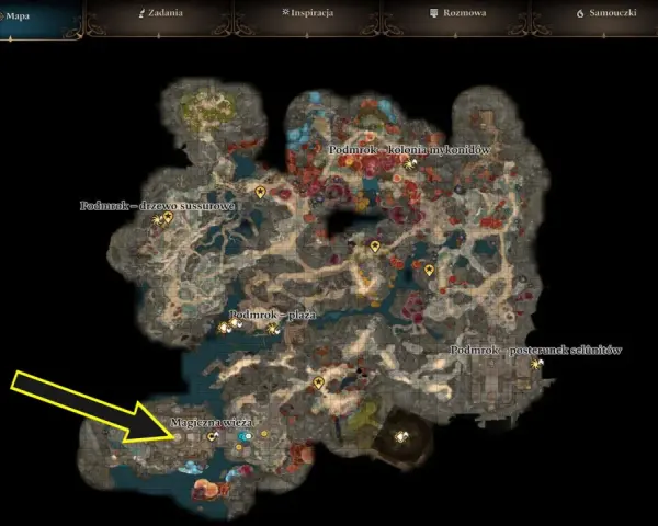 Mapa BG3: Podmrok, z zaznaczoną Magiczna wieża. Wskazuje drogę do tajemniczej wieży.