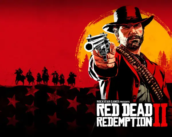 Arthur Morgan z pistoletem w dłoni, na tle zachodzącego słońca i konnych postaci. To okładka gry Red Dead Redemption 2, dostępnej w ramach Game Pass.