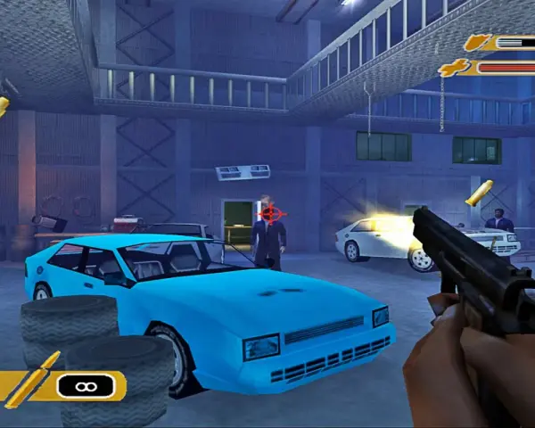Gra akcji z widokiem z pierwszej osoby. Czy gry z PS2 działają na PS4? W tej grze gracz celuje z pistoletu w garażu.