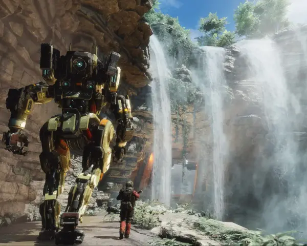 Gigantyczny mech i pilot stoją przy wodospadzie. Fani zastanawiają się: Titanfall 3 kiedy?
