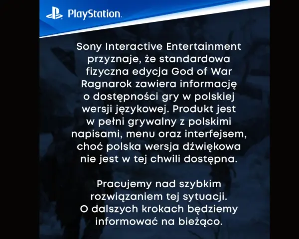 God of War Ragnarok polski dubbing: aktualizacja od PlayStation. Gra ma polskie napisy i menu, ale polska wersja dźwiękowa wkrótce.