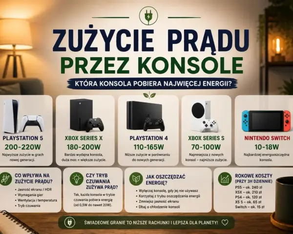 Porównanie zużycia prądu przez konsole: PS5, Xbox Series X/S, PS4, Switch. Dowiedz się, która konsola pobiera najwięcej energii i jak oszczędzać prąd.
