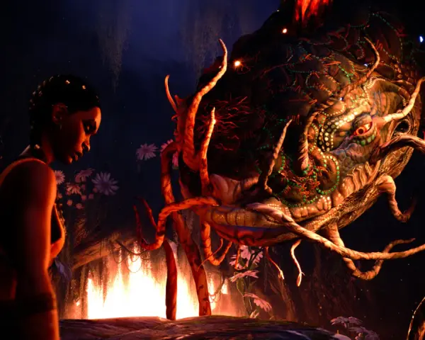 Kobieta patrzy na potwora w mrocznym lesie. To scena z gry "South of Midnight", gdzie magia i niebezpieczeństwo splatają się w nocnej przygodzie.