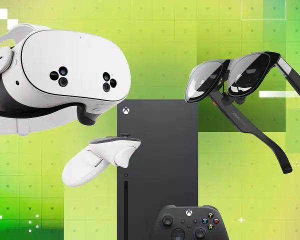 Gogle VR, okulary AR i kontrolery obok konsoli Xbox Series X. Przyszłość gier wirtualnych i rozszerzonych.