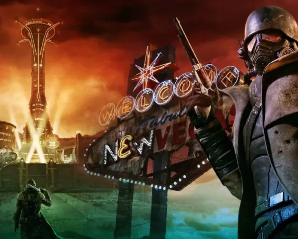 Postapokaliptyczny pustynny krajobraz z neonowym znakiem "Welcome to Fabulous New Vegas" i wieżą Lucky 38. W kadrze żołnierz w pancerzu, gotowy do walki, jak w Fallout New Vegas 2.