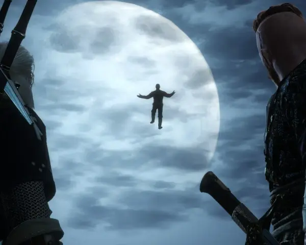 Geralt i Vesemir patrzą na unoszącą się postać na tle księżyca. Czy to ten, kto sieje wiatr w Wiedźmin 3?